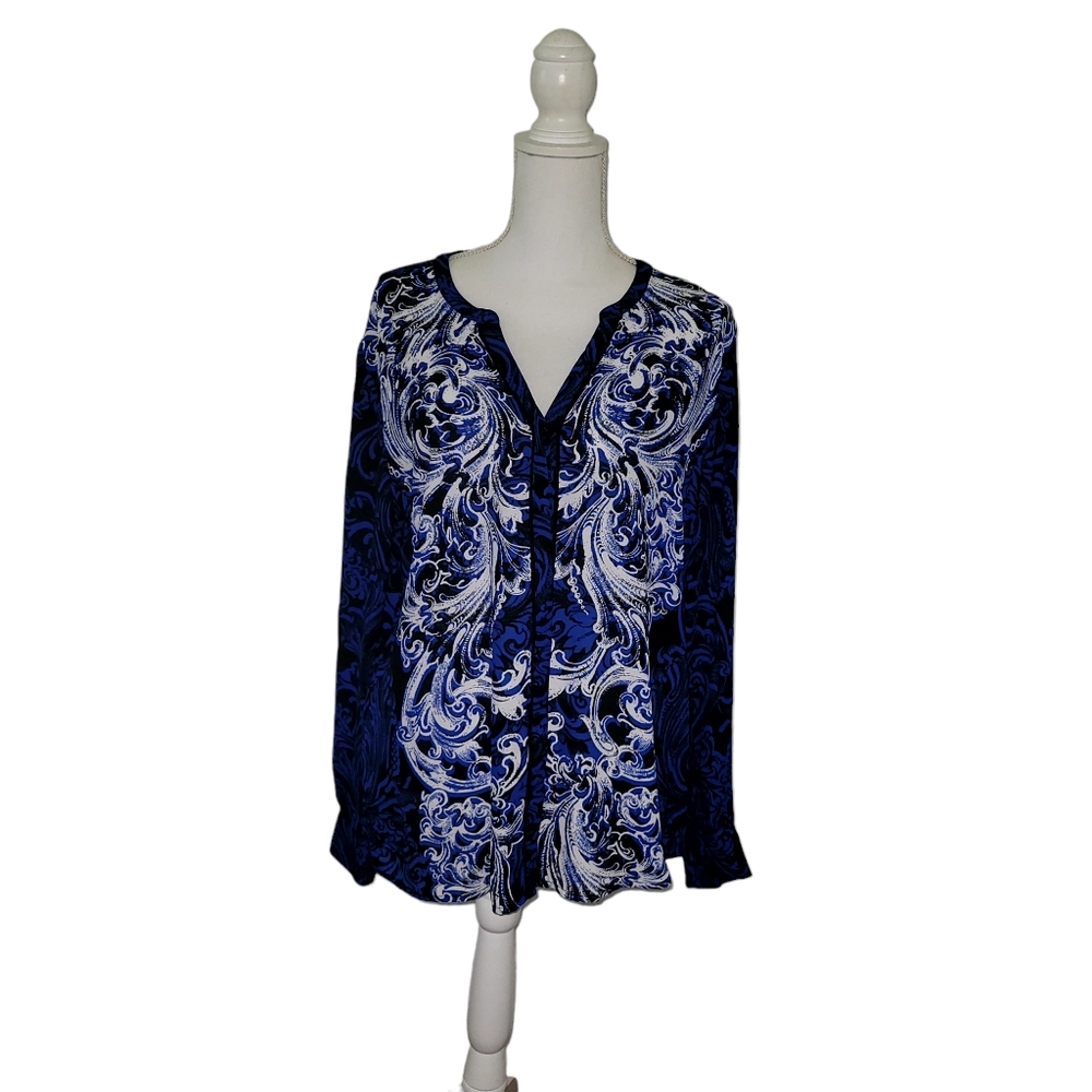 Dana Buchman Semi Sheer Blue Long Sleeve Floral Button Up Blouse